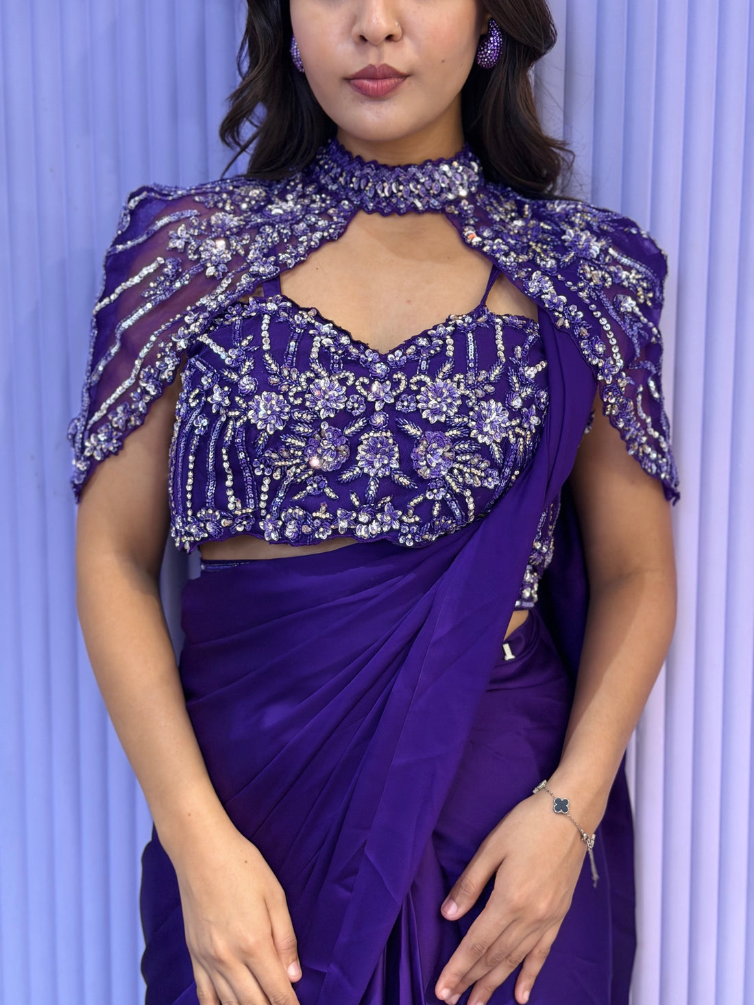 Deep Orchid Drape Saree With Detachable Cape