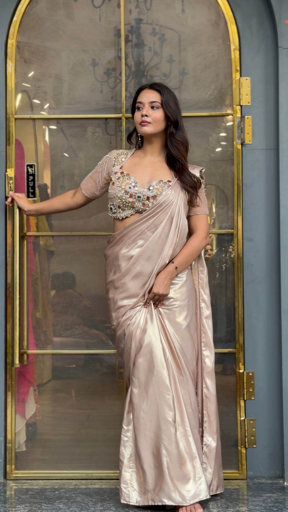 Golden Jewelery Work Blouse Metallic Drape Saree