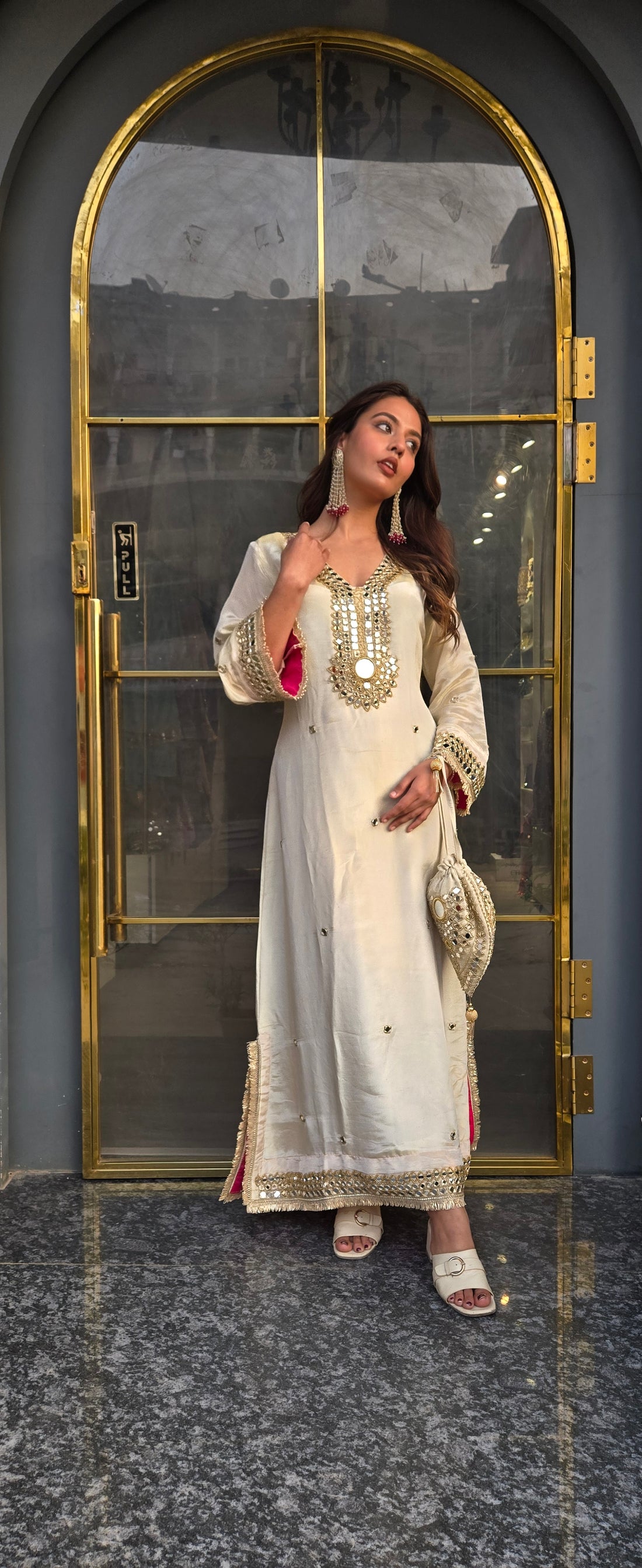 Embroidered Ivory White Kaftan with Golden Mirror Work