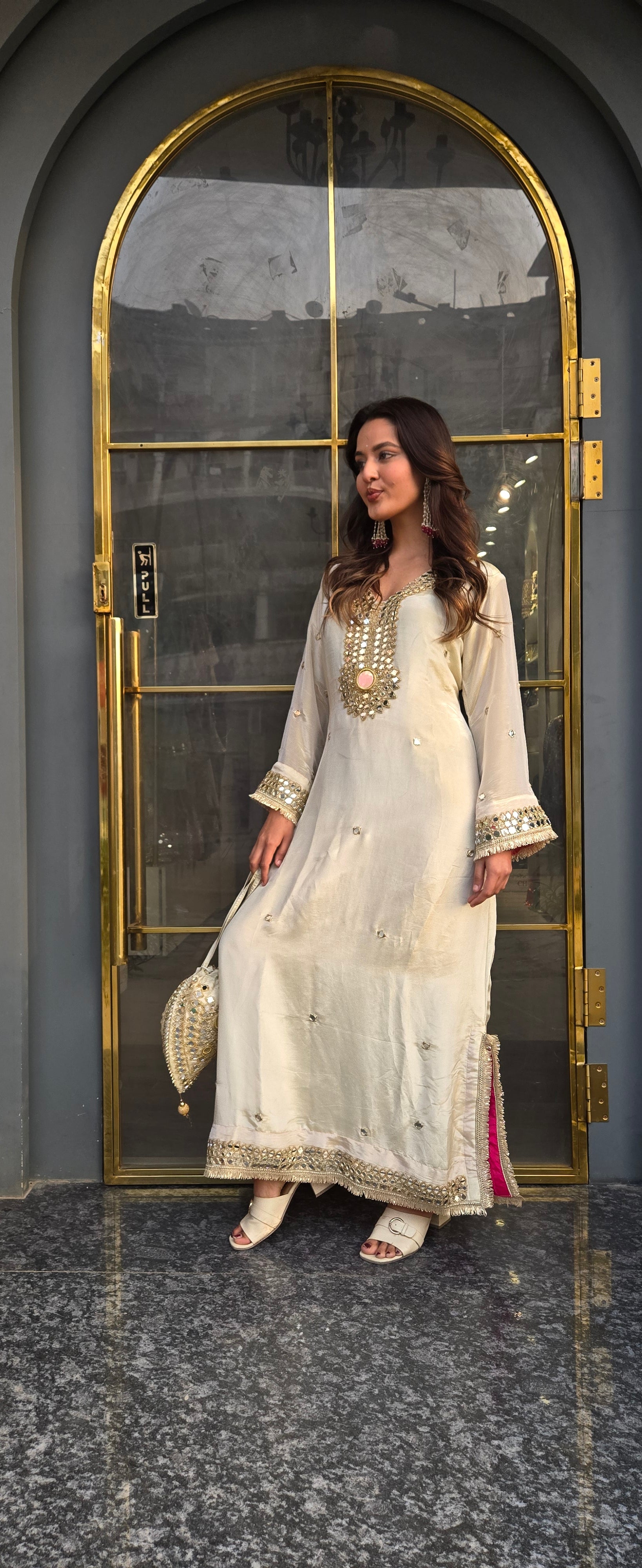 Embroidered Ivory White Kaftan with Golden Mirror Work