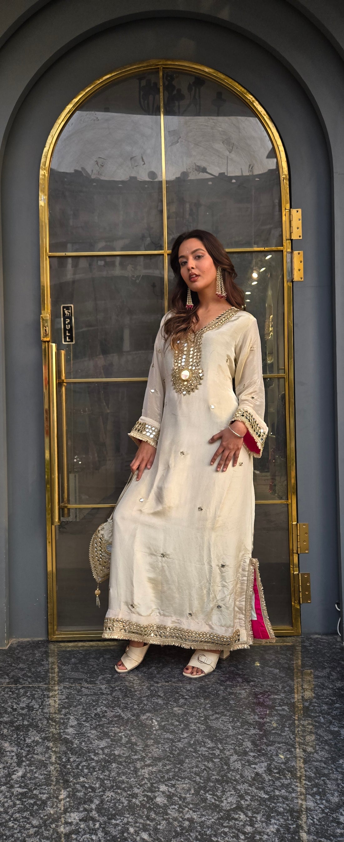 Embroidered Ivory White Kaftan with Golden Mirror Work