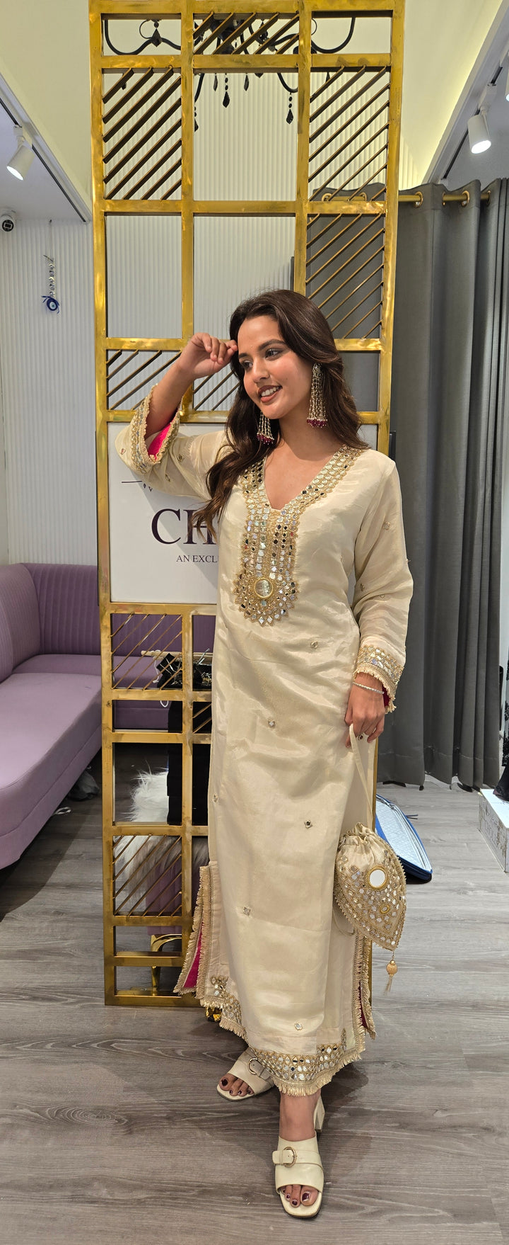 Embroidered Ivory White Kaftan with Golden Mirror Work