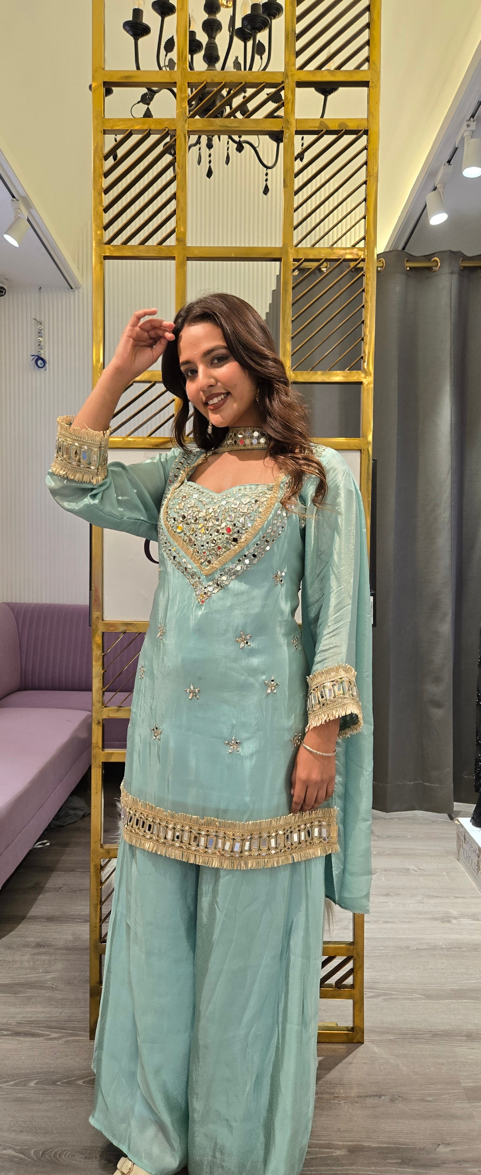 Sky Blue Mirror Work Sharara Set