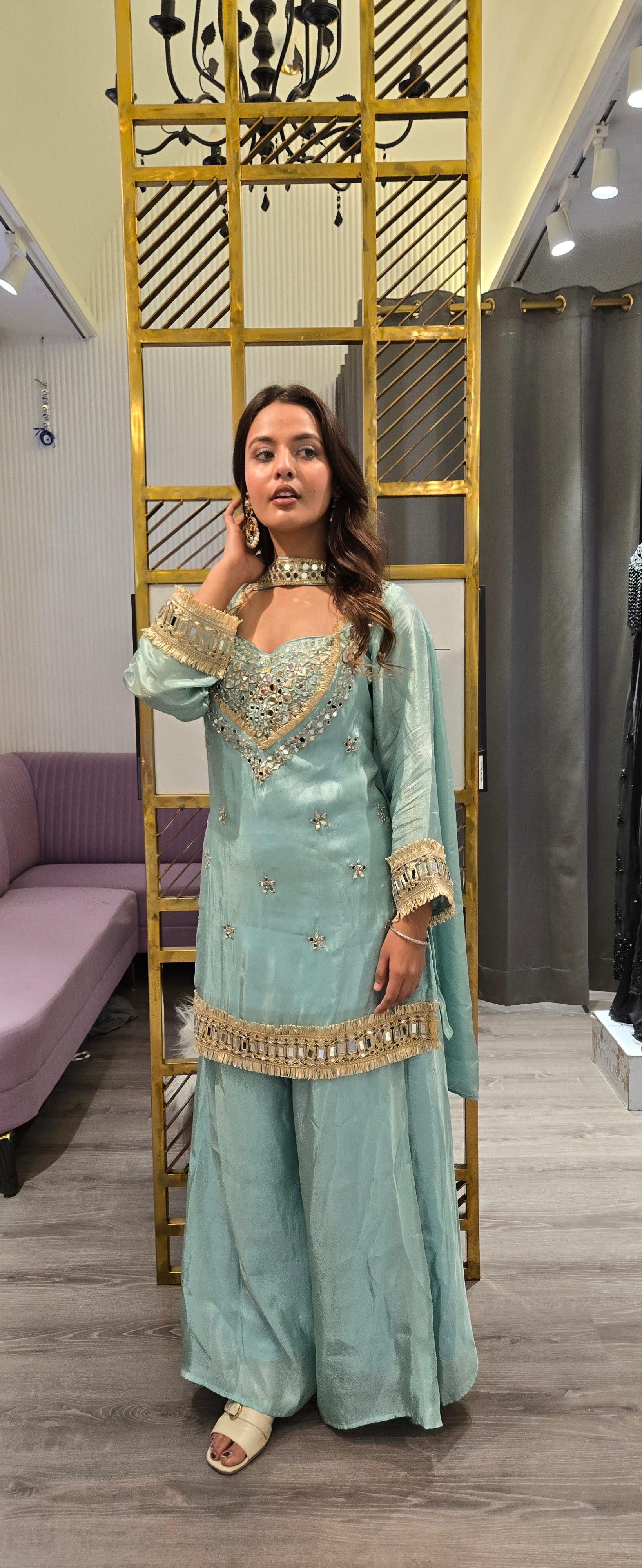 Sky Blue Mirror Work Sharara Set