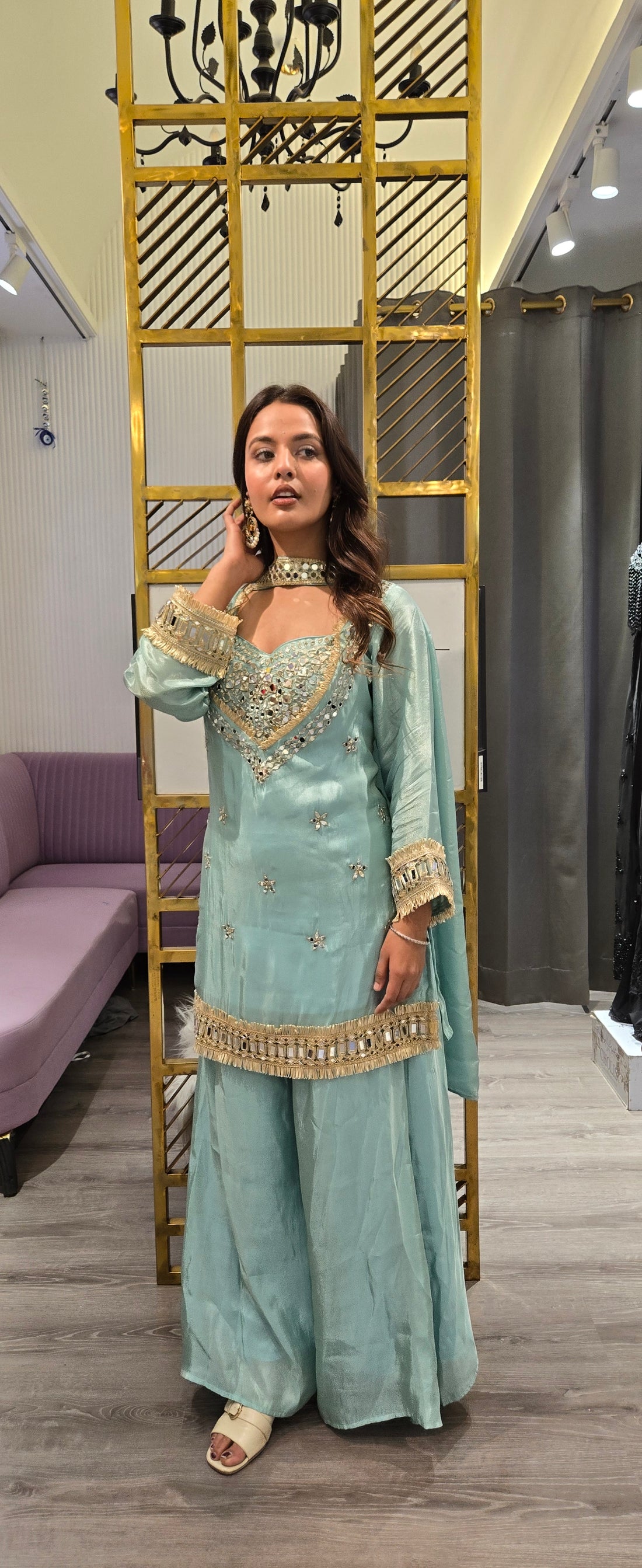 Sky Blue Mirror Work Sharara Set