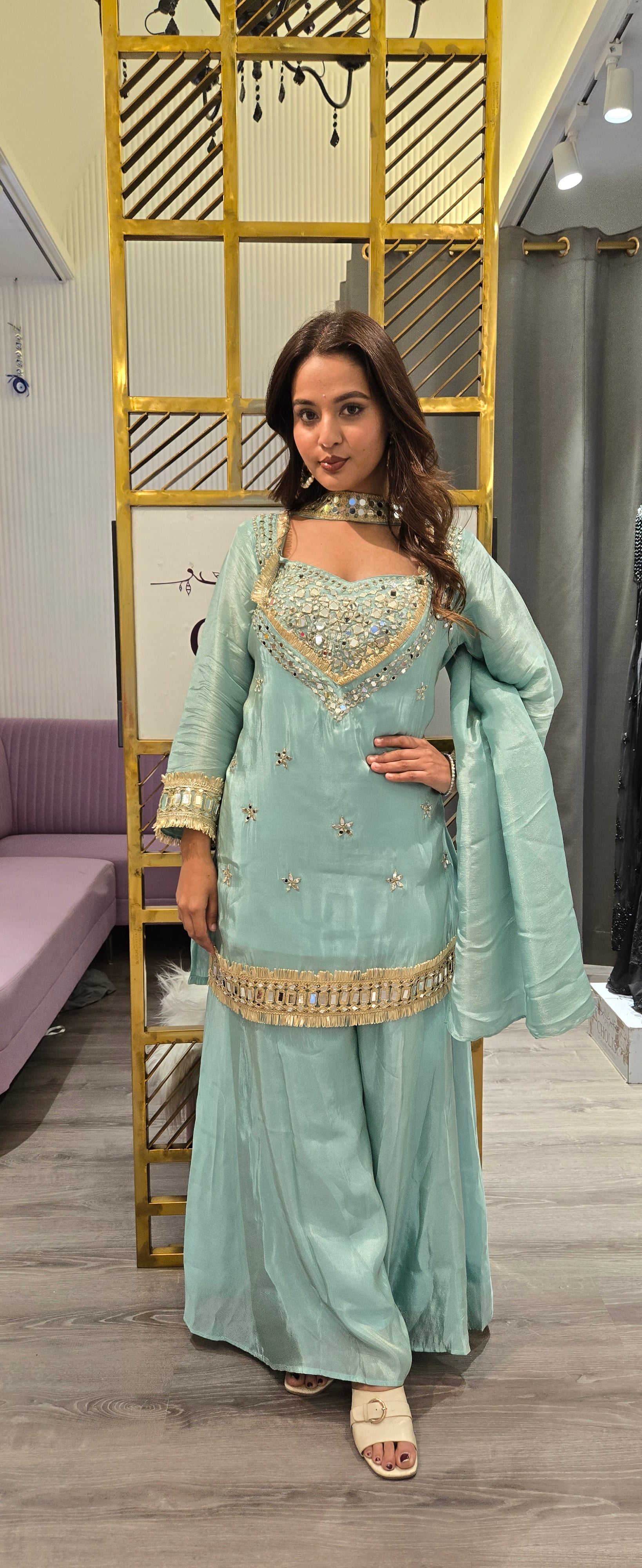 Sky Blue Mirror Work Sharara Set