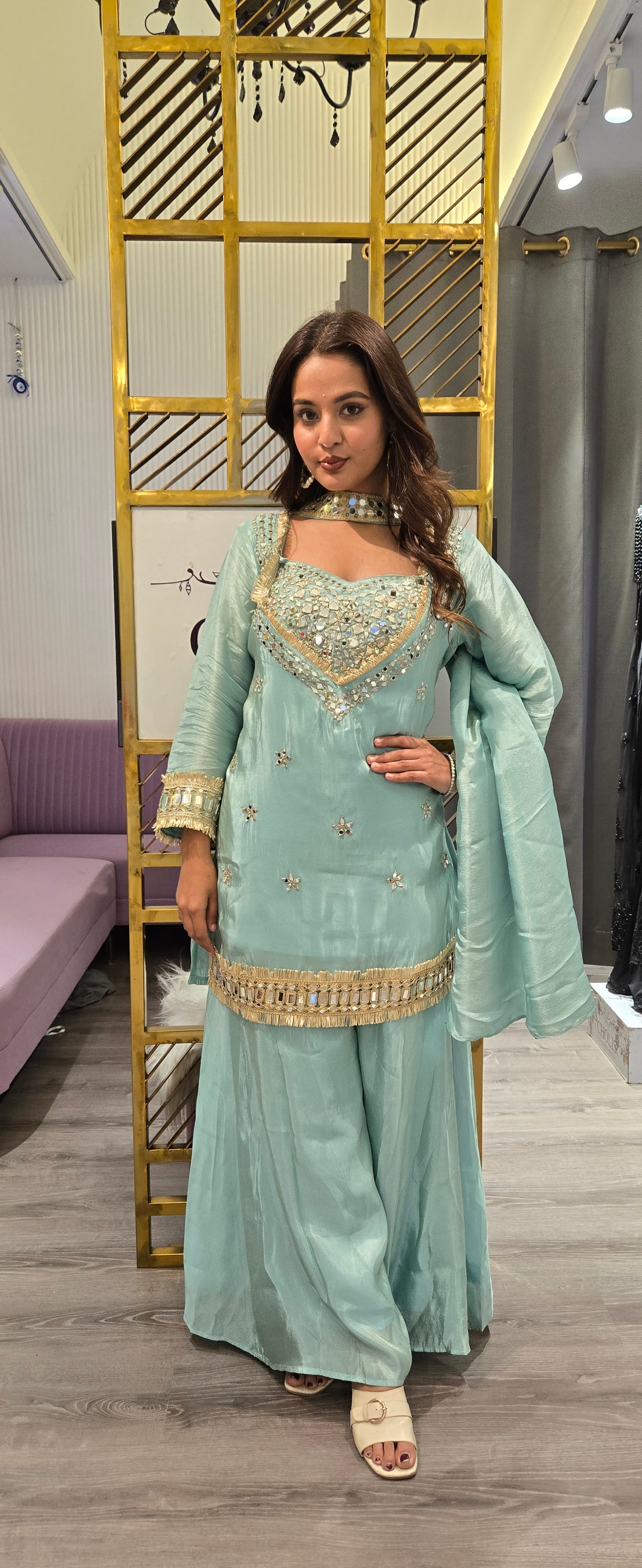 Sky Blue Mirror Work Sharara Set