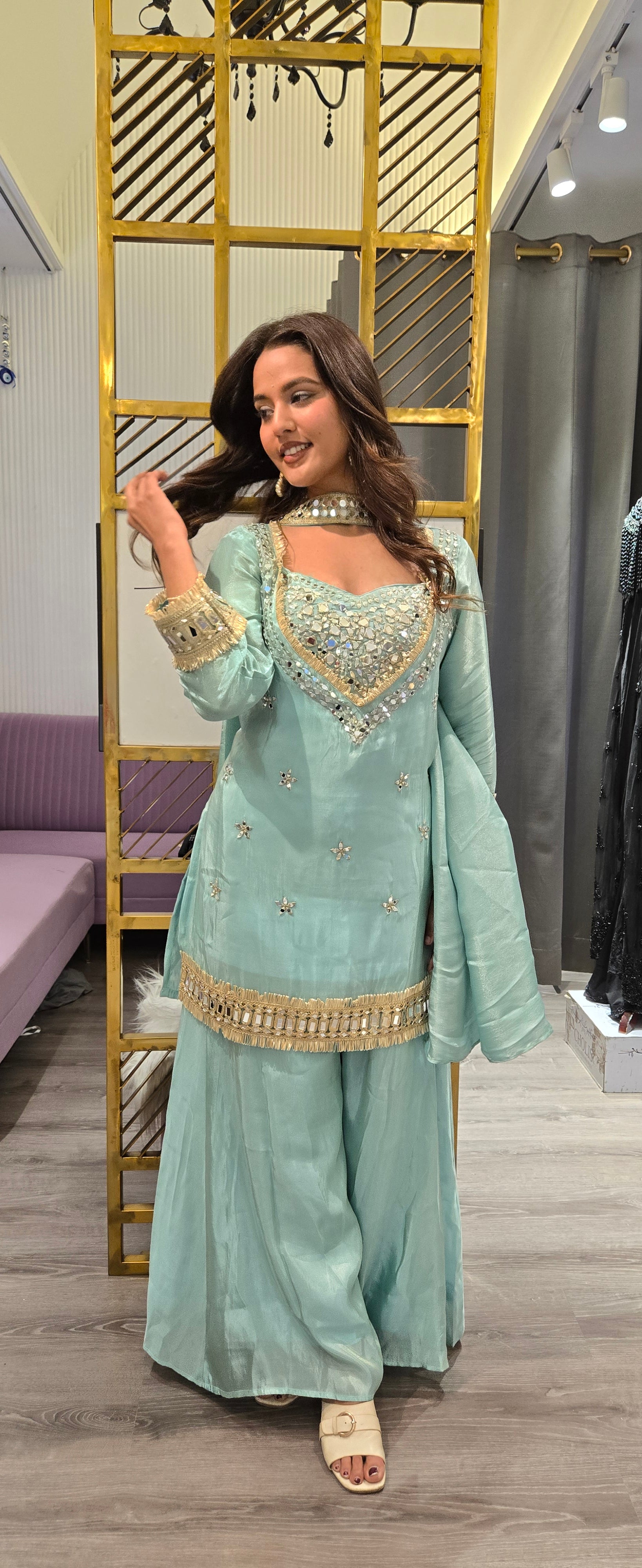 Sky Blue Mirror Work Sharara Set