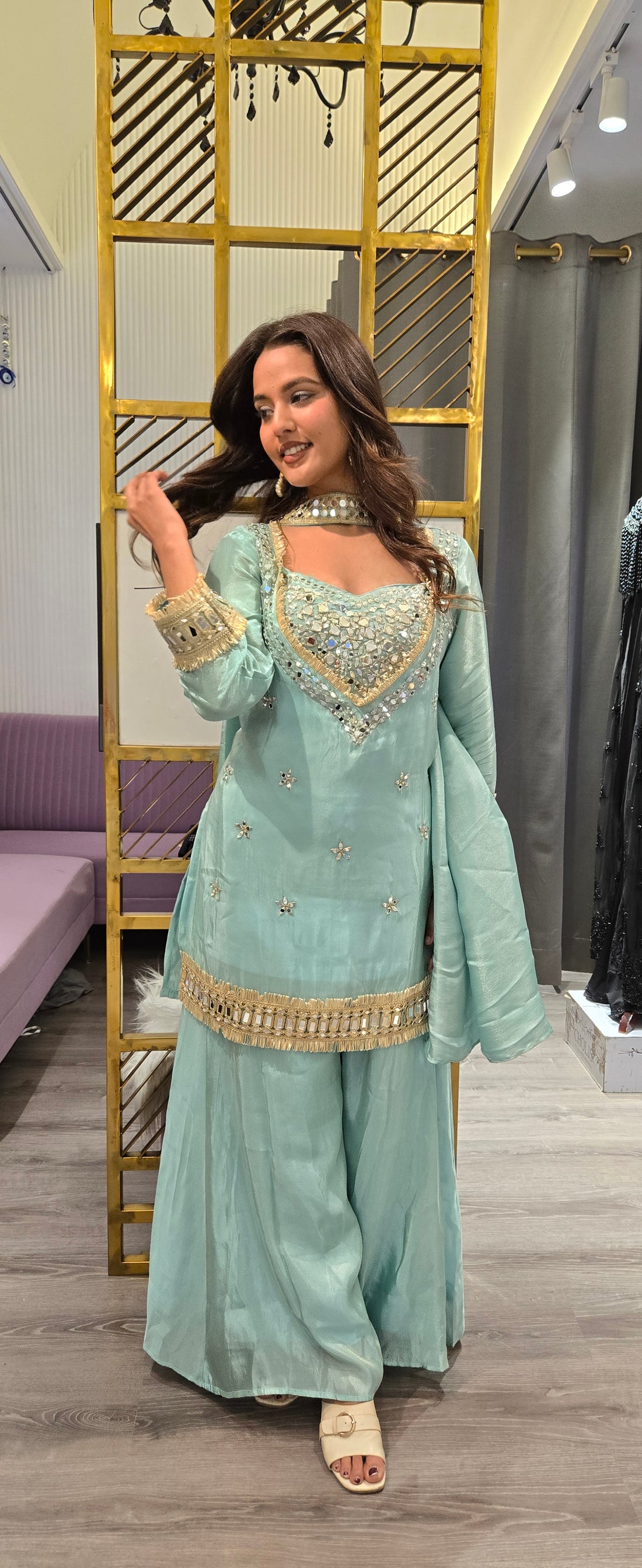 Sky Blue Mirror Work Sharara Set