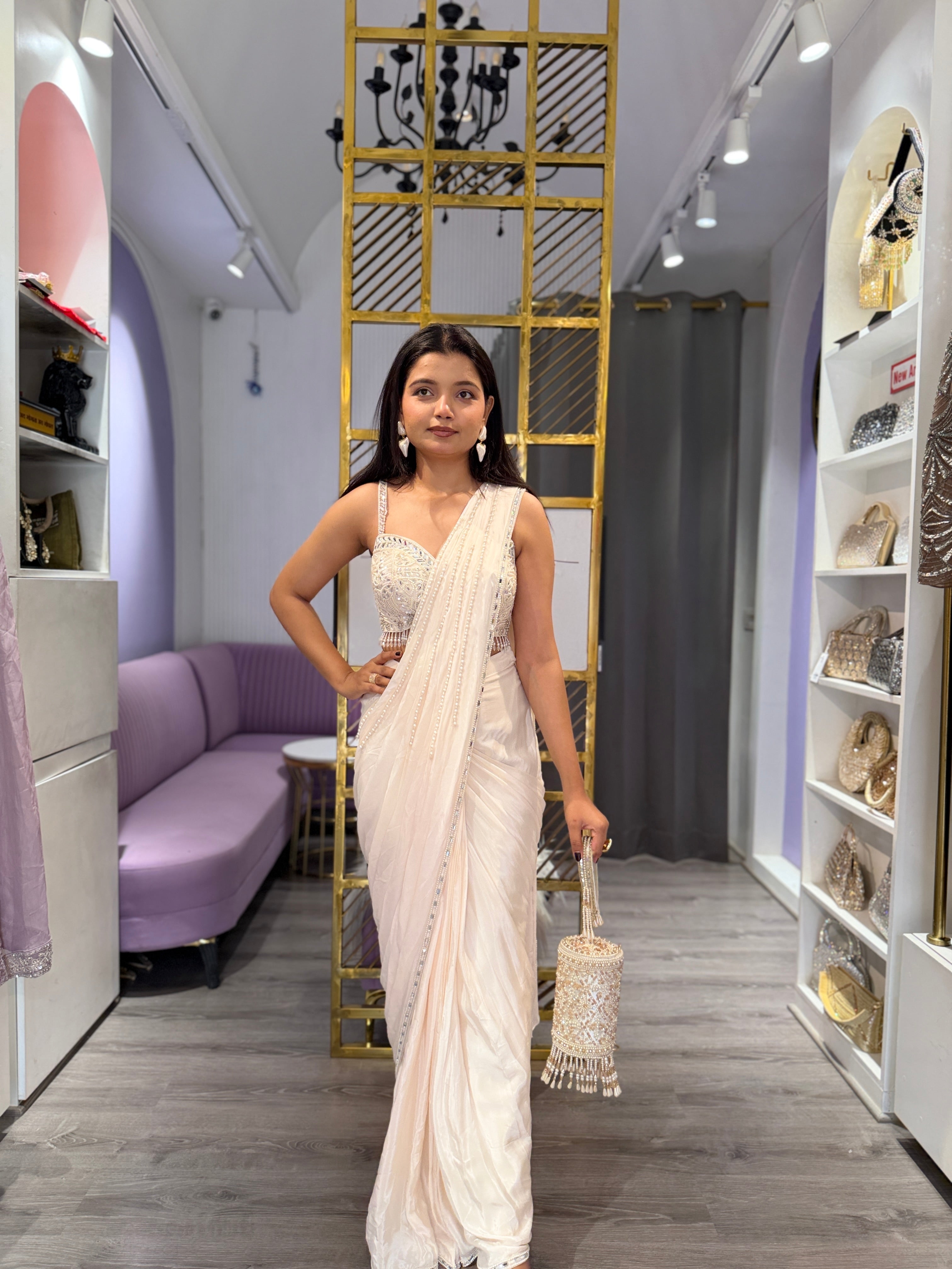 Pearl detailing drape saree