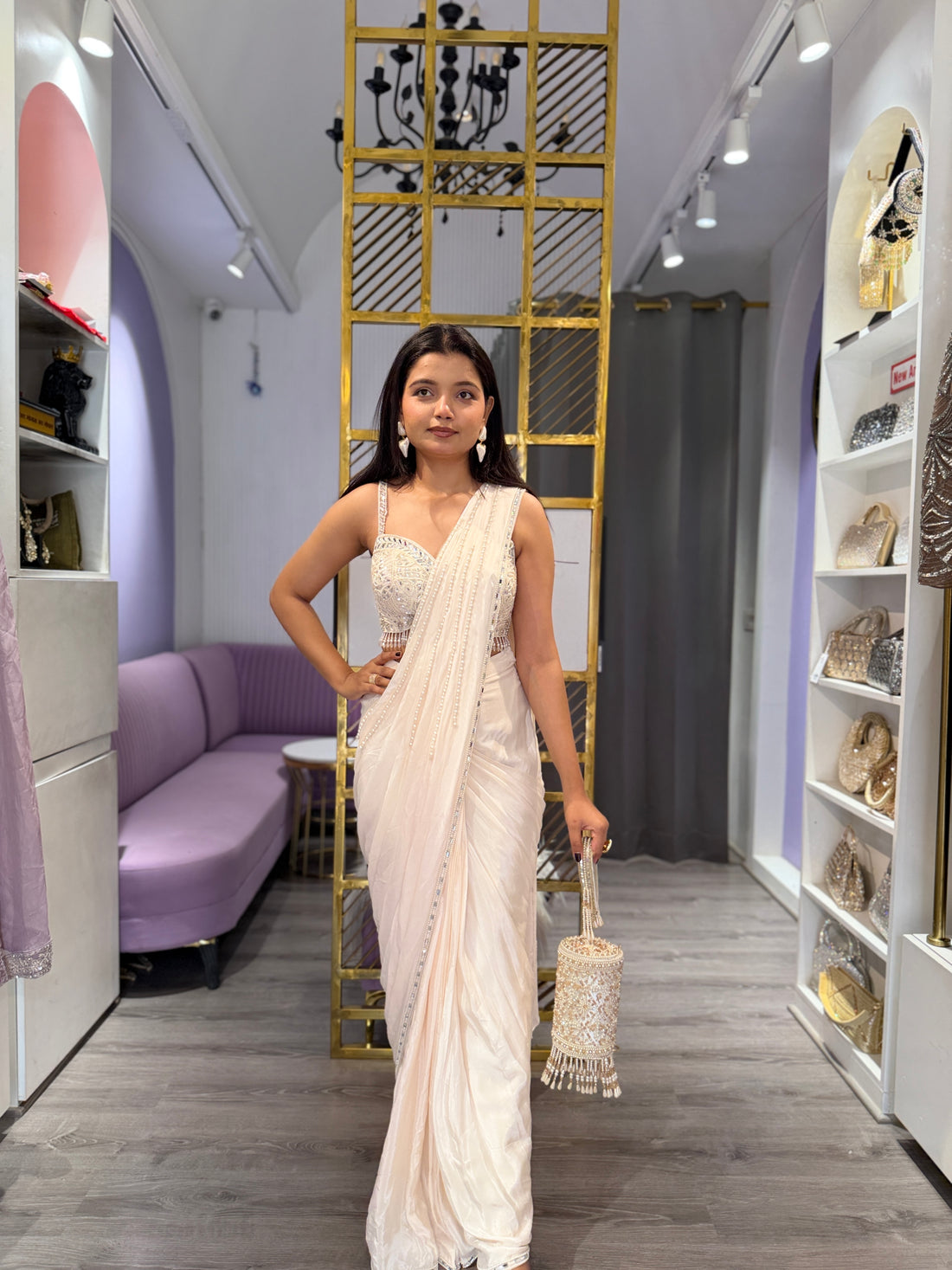 Pearl detailing drape saree