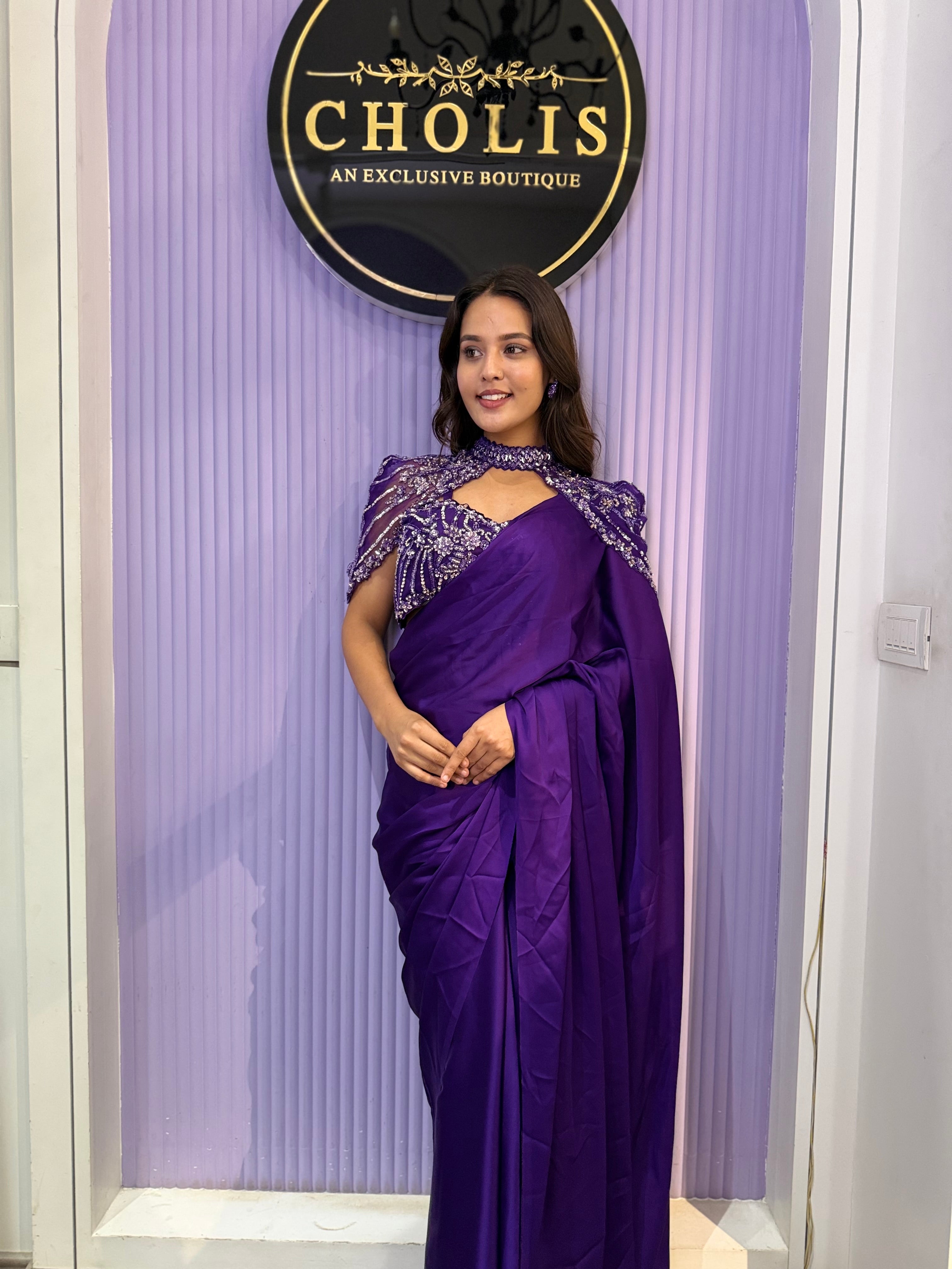 Deep Orchid Drape Saree With Detachable Cape