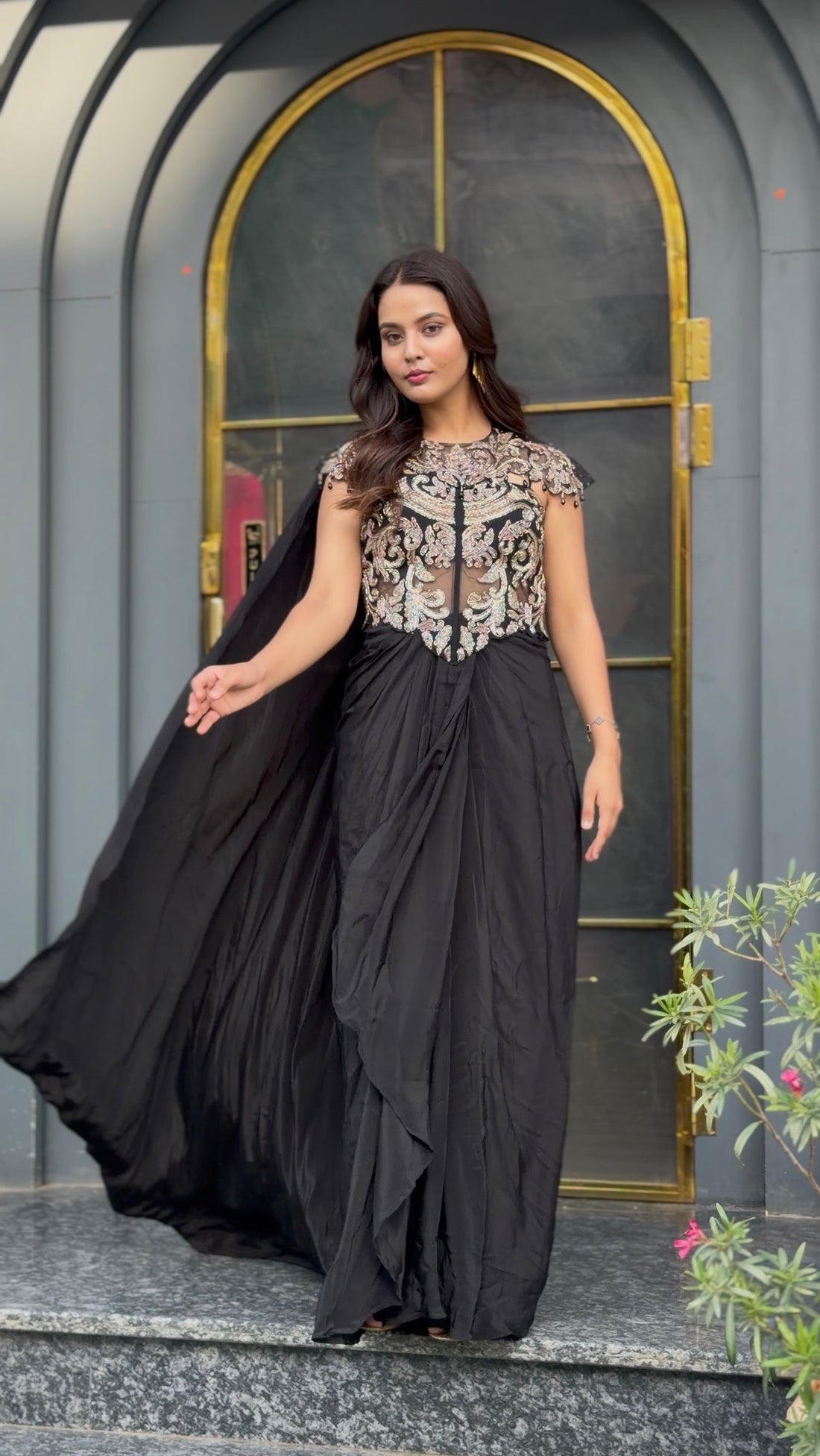 Midnight Regal Cape Gown with Detachable Neck Cape