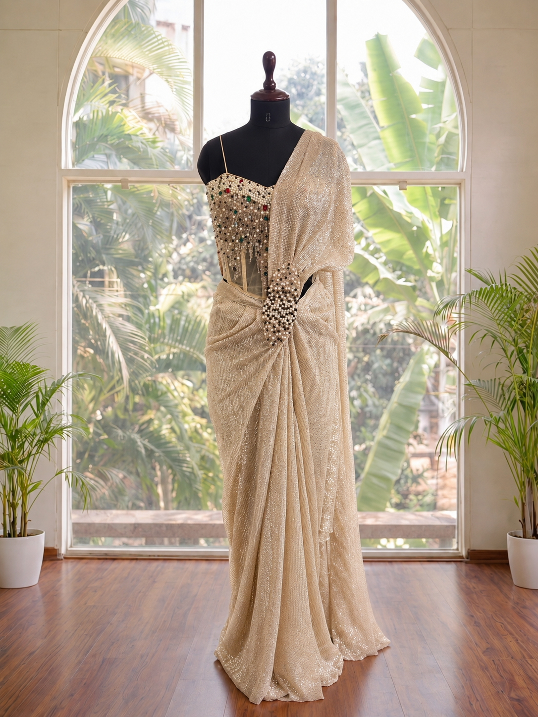 Golden corset sequence drape saree
