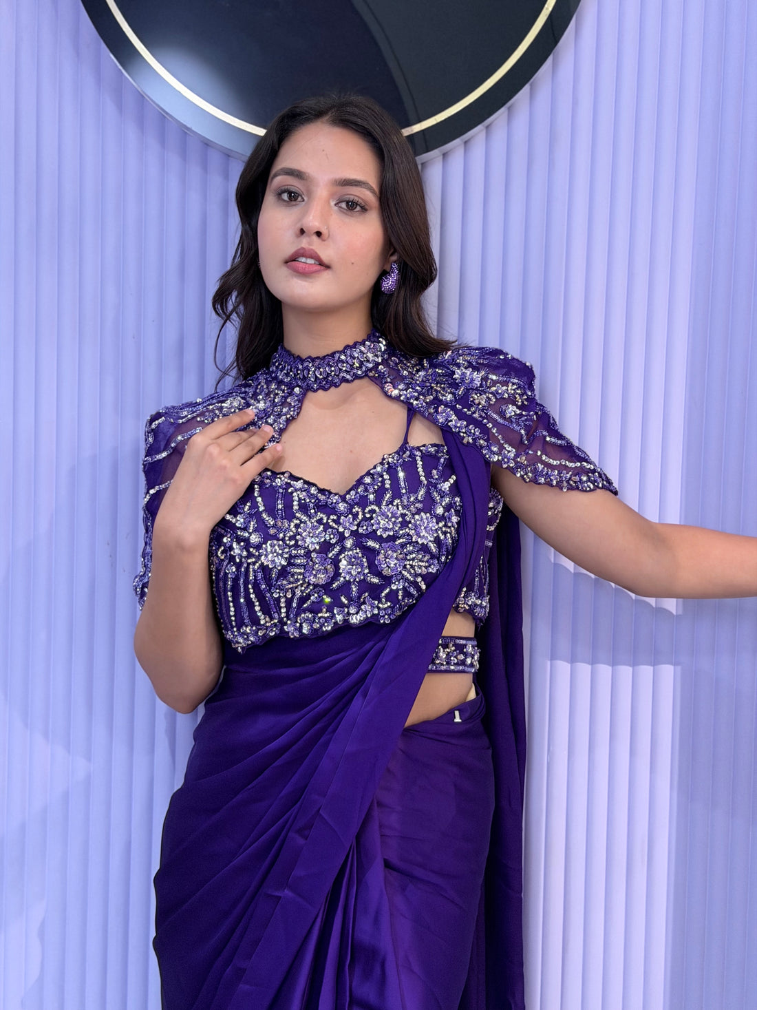 Deep Orchid Drape Saree With Detachable Cape