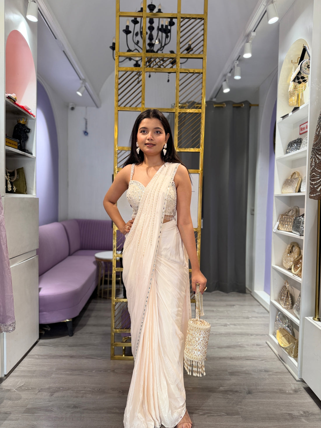 Pearl detailing drape saree