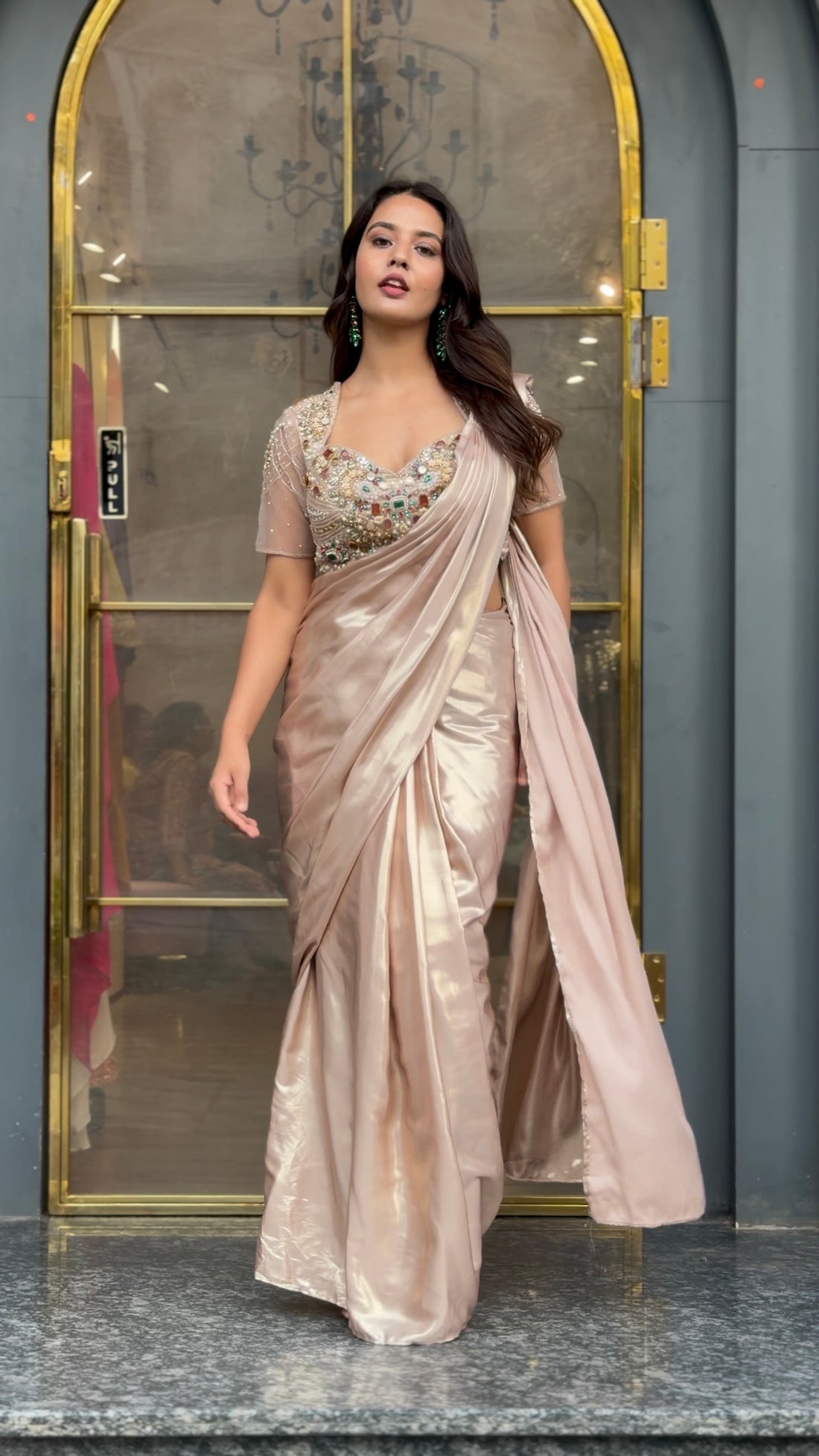 Golden Jewelery Work Blouse Metallic Drape Saree
