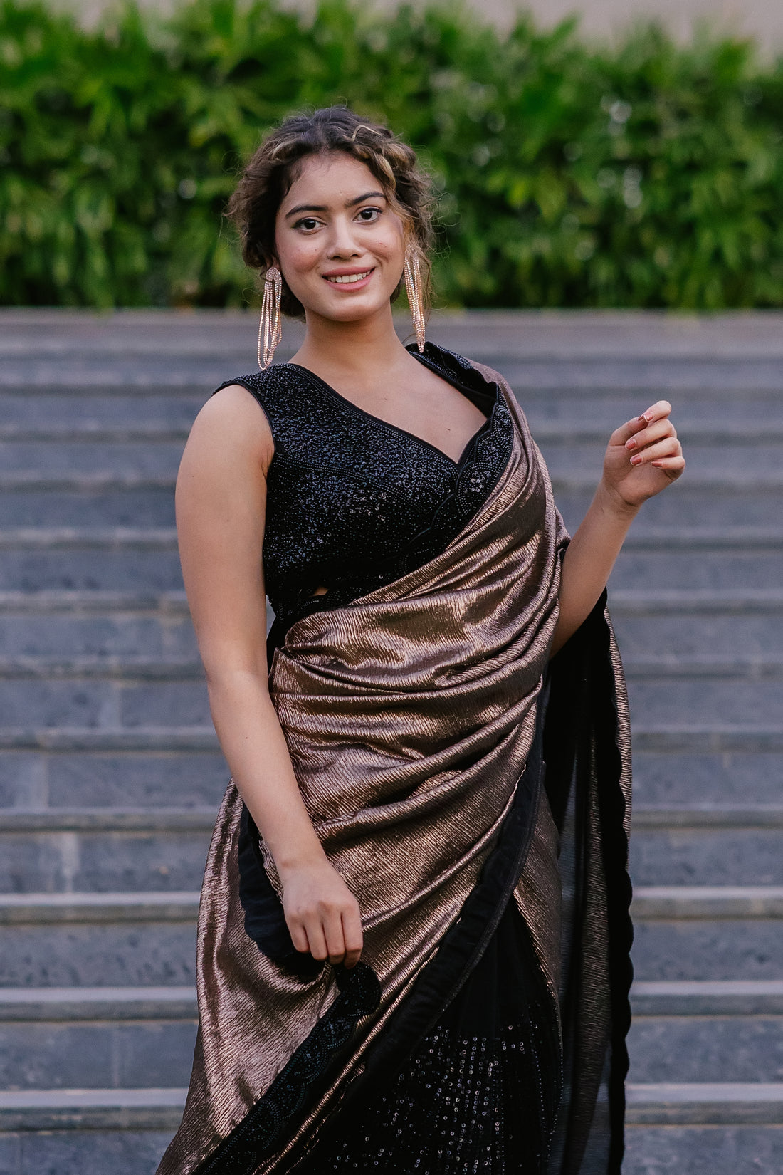 Twilight Shimmer: Sequin Half Crepe Saree