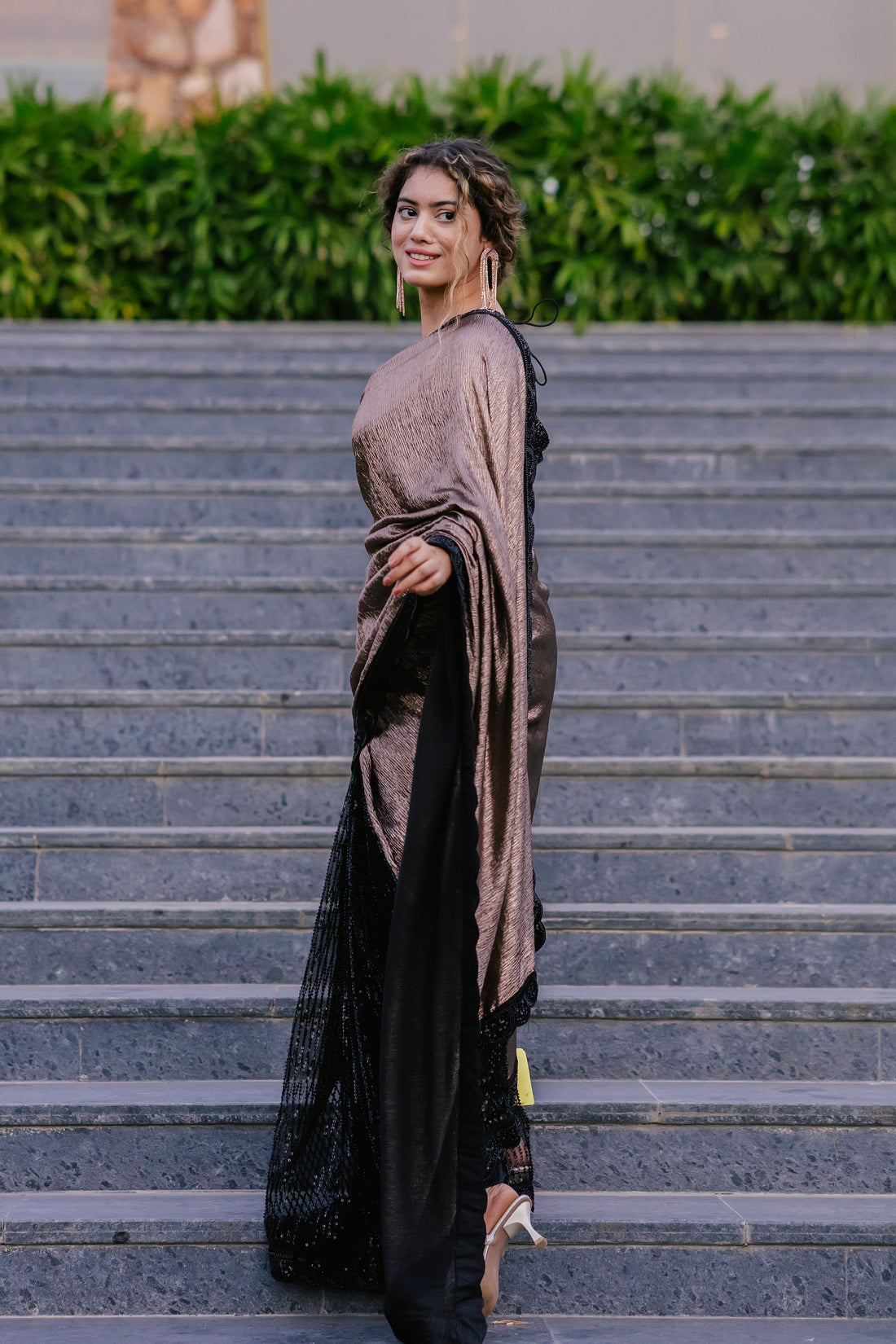 Twilight Shimmer: Sequin Half Crepe Saree