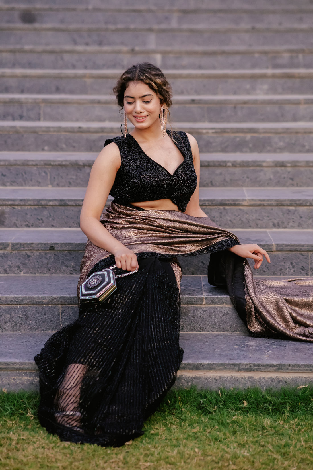 Twilight Shimmer: Sequin Half Crepe Saree