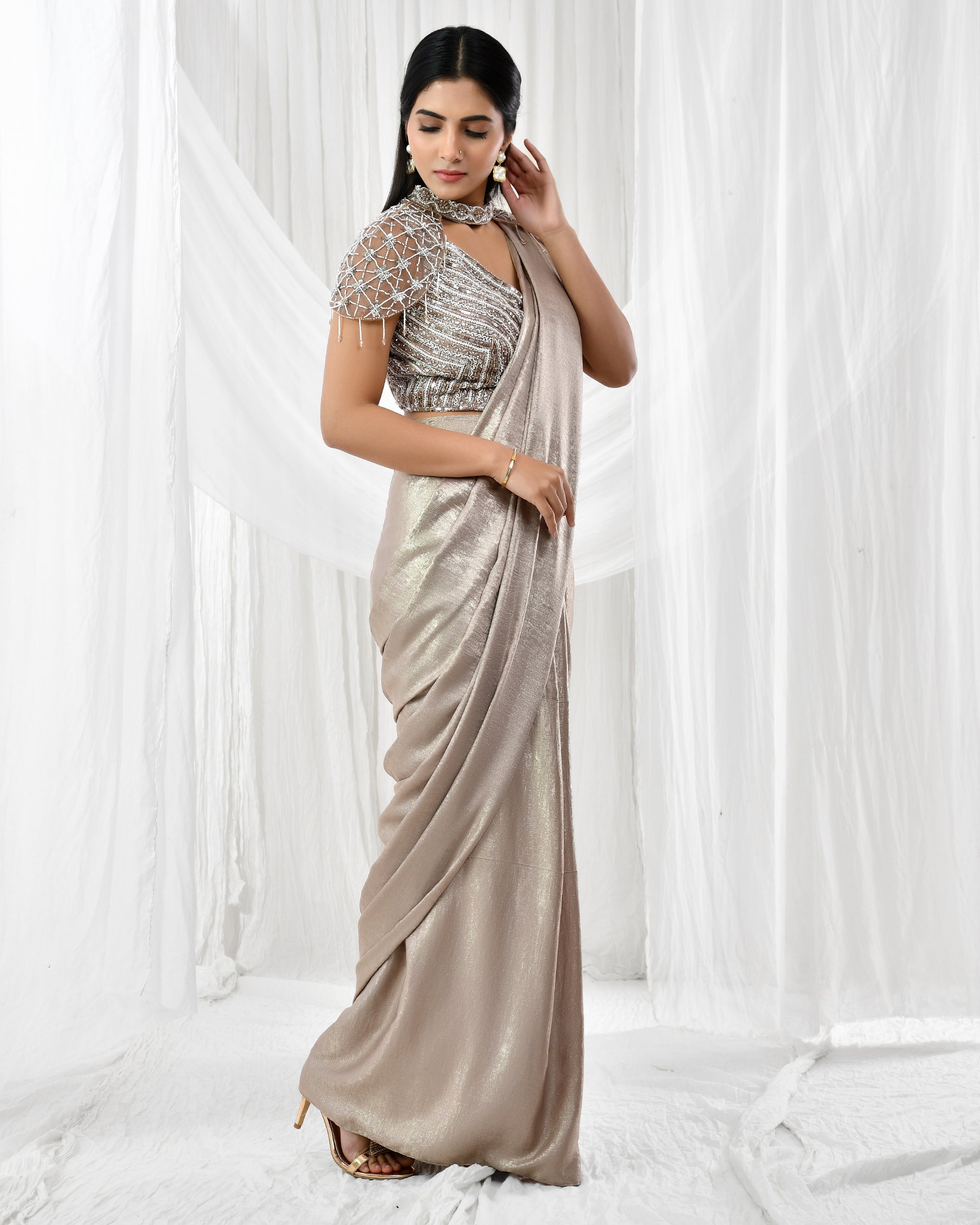 Brown shimmer pre drape saree