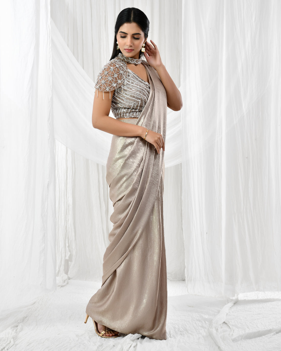 Brown shimmer pre drape saree