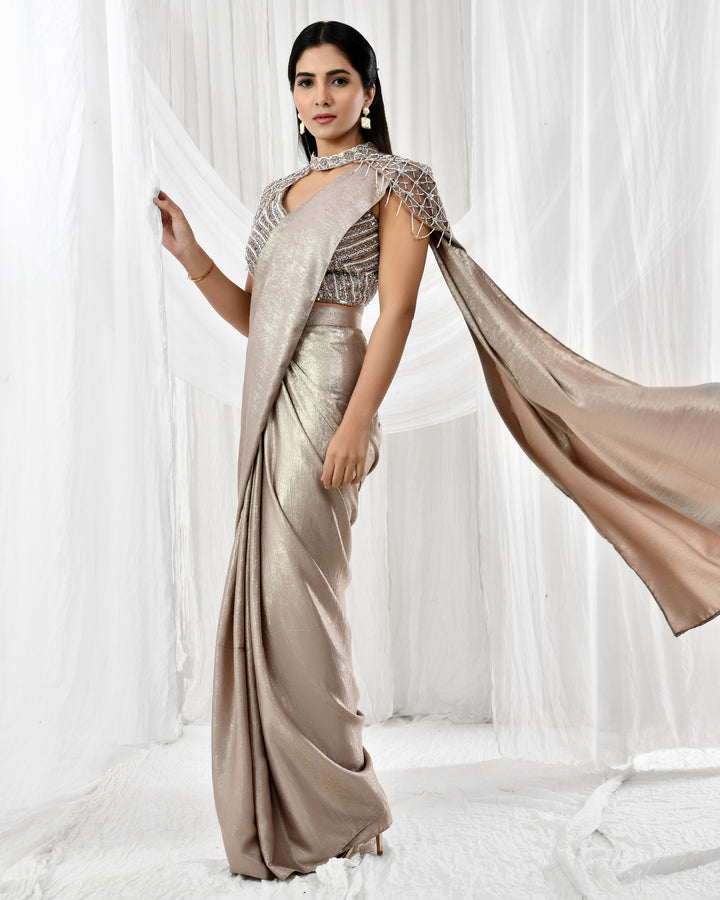 Brown shimmer pre drape saree