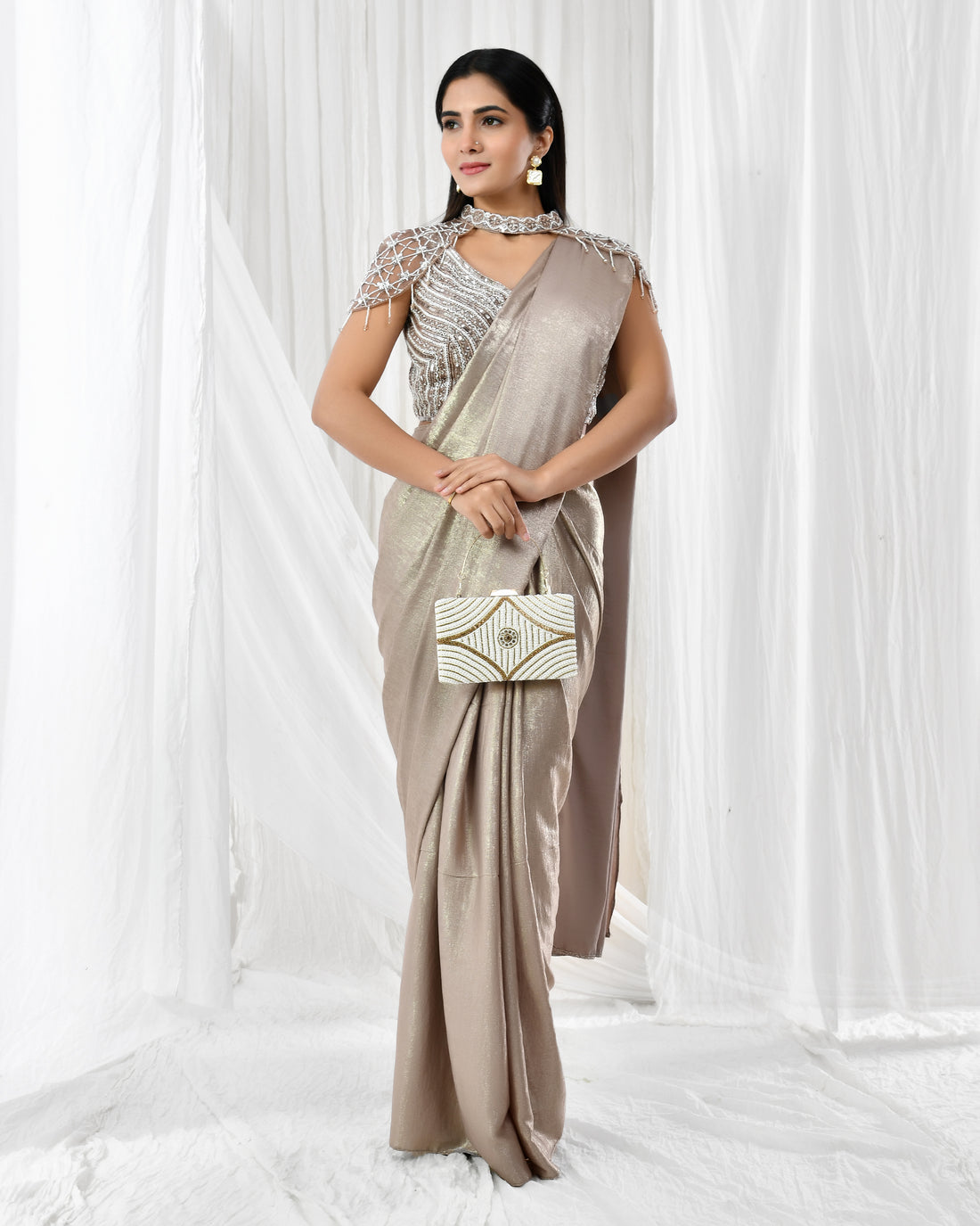 Brown shimmer pre drape saree
