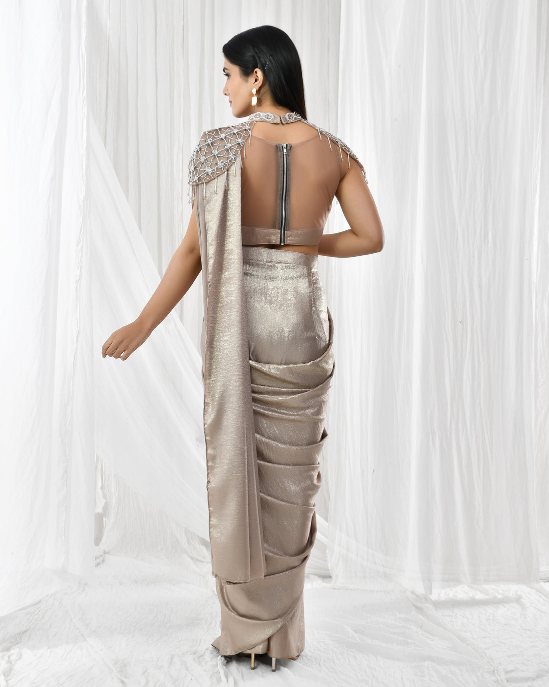 Brown shimmer pre drape saree