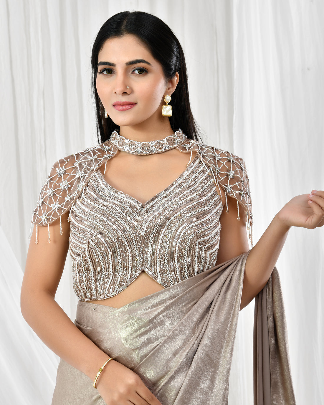 Brown shimmer pre drape saree
