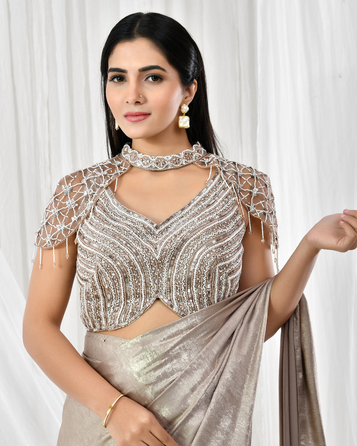 Brown shimmer pre drape saree