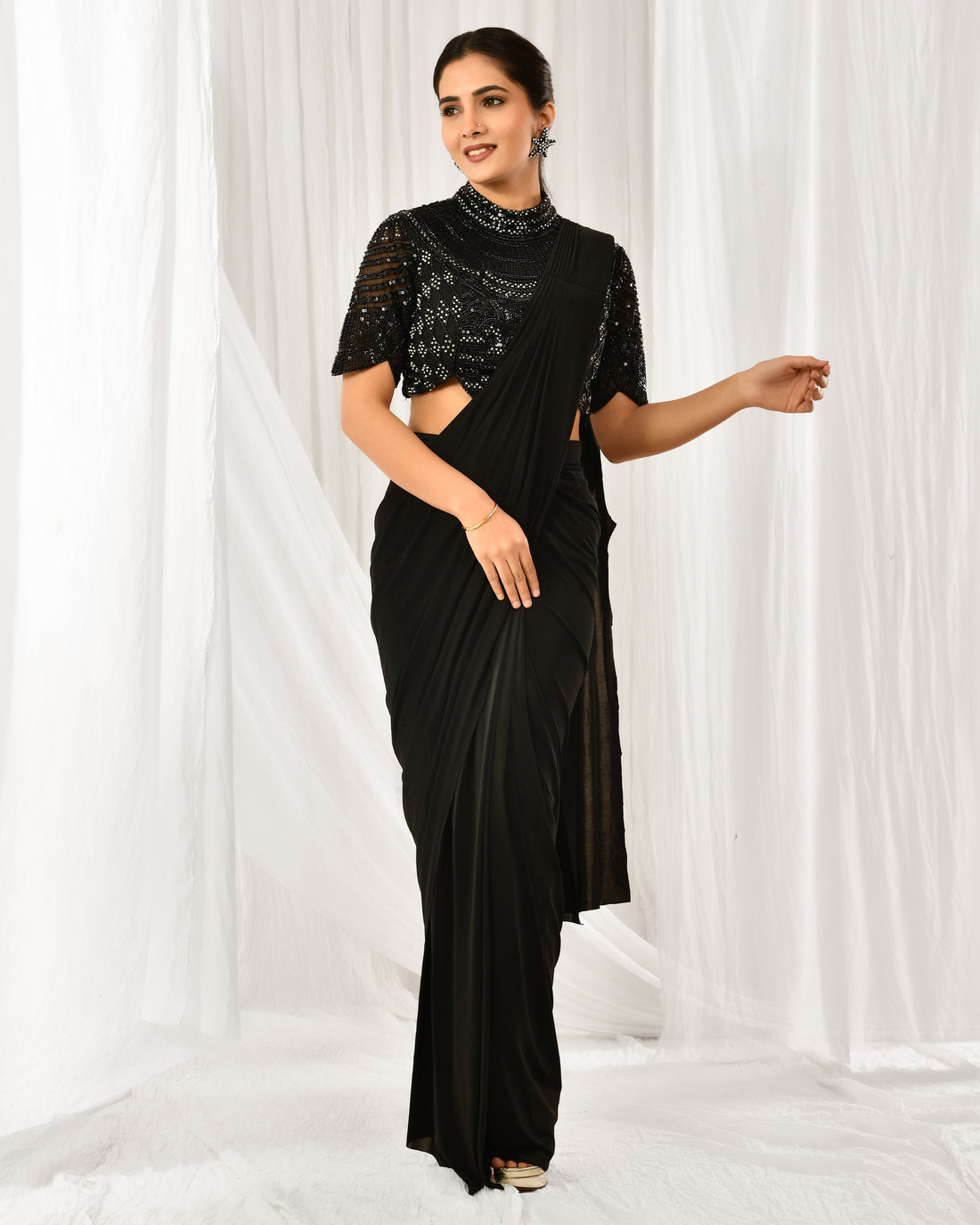 Black sequin combo saree with jacket