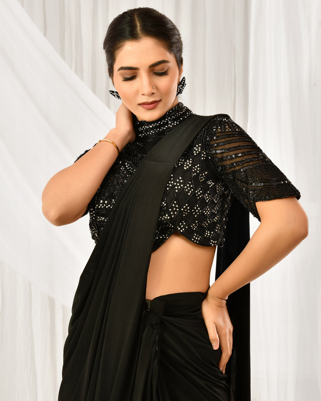Black sequin combo saree with jacket