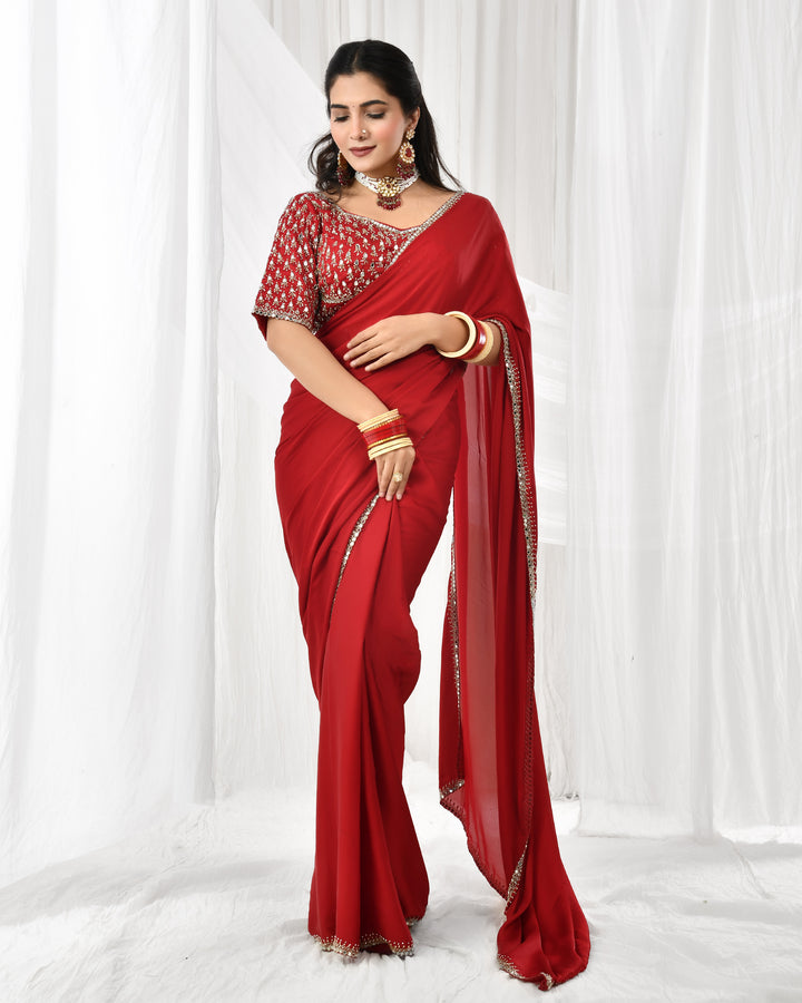 Red Georgette Bridal Saree With Blouse