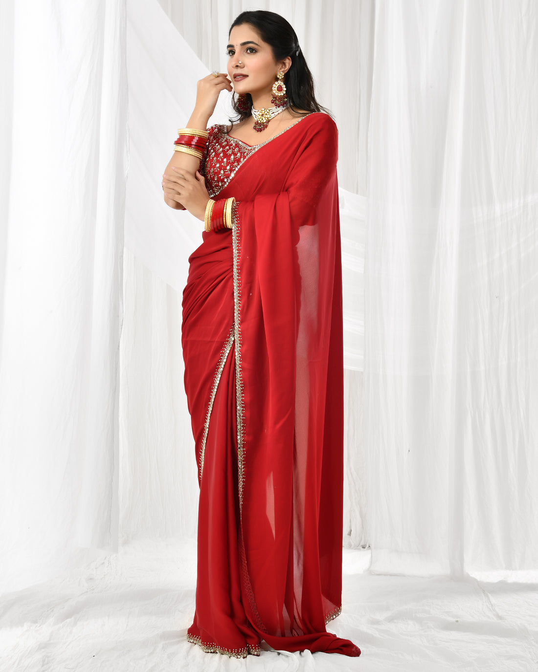 Red Georgette Bridal Saree With Blouse