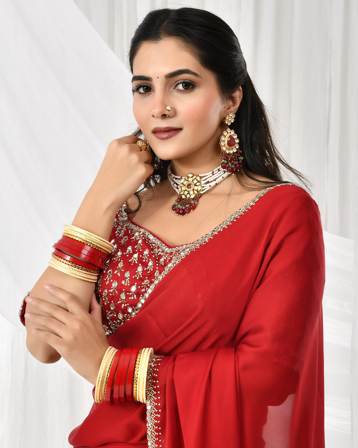 Red Georgette Bridal Saree With Blouse