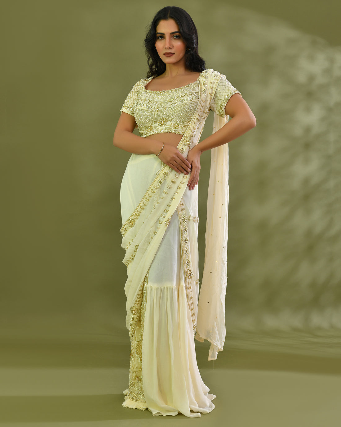 Swan frill pre drape saree