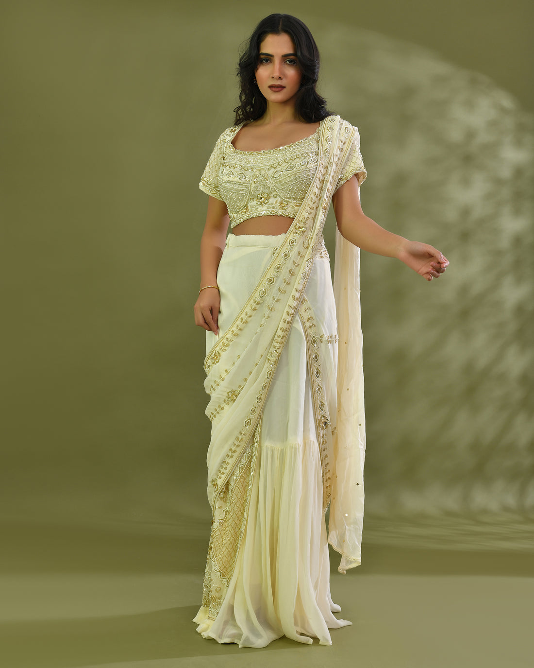 Swan frill pre drape saree