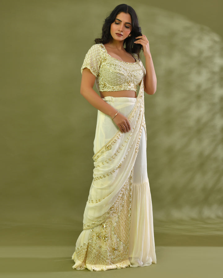 Swan frill pre drape saree