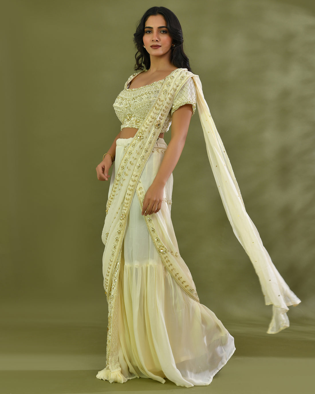 Swan frill pre drape saree
