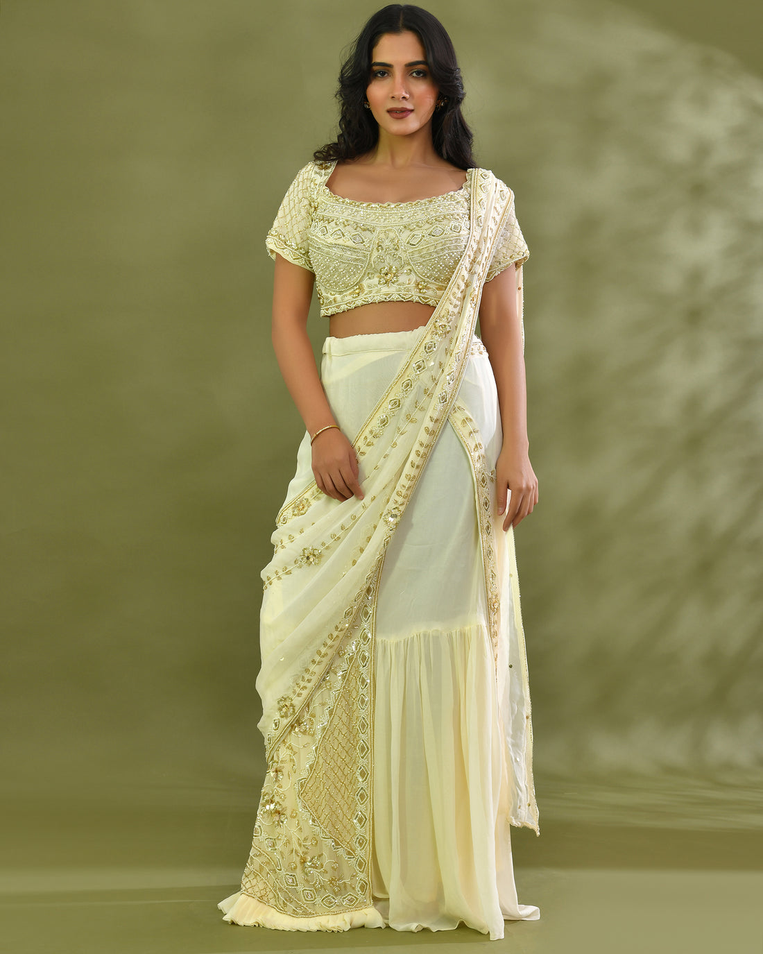 Swan frill pre drape saree