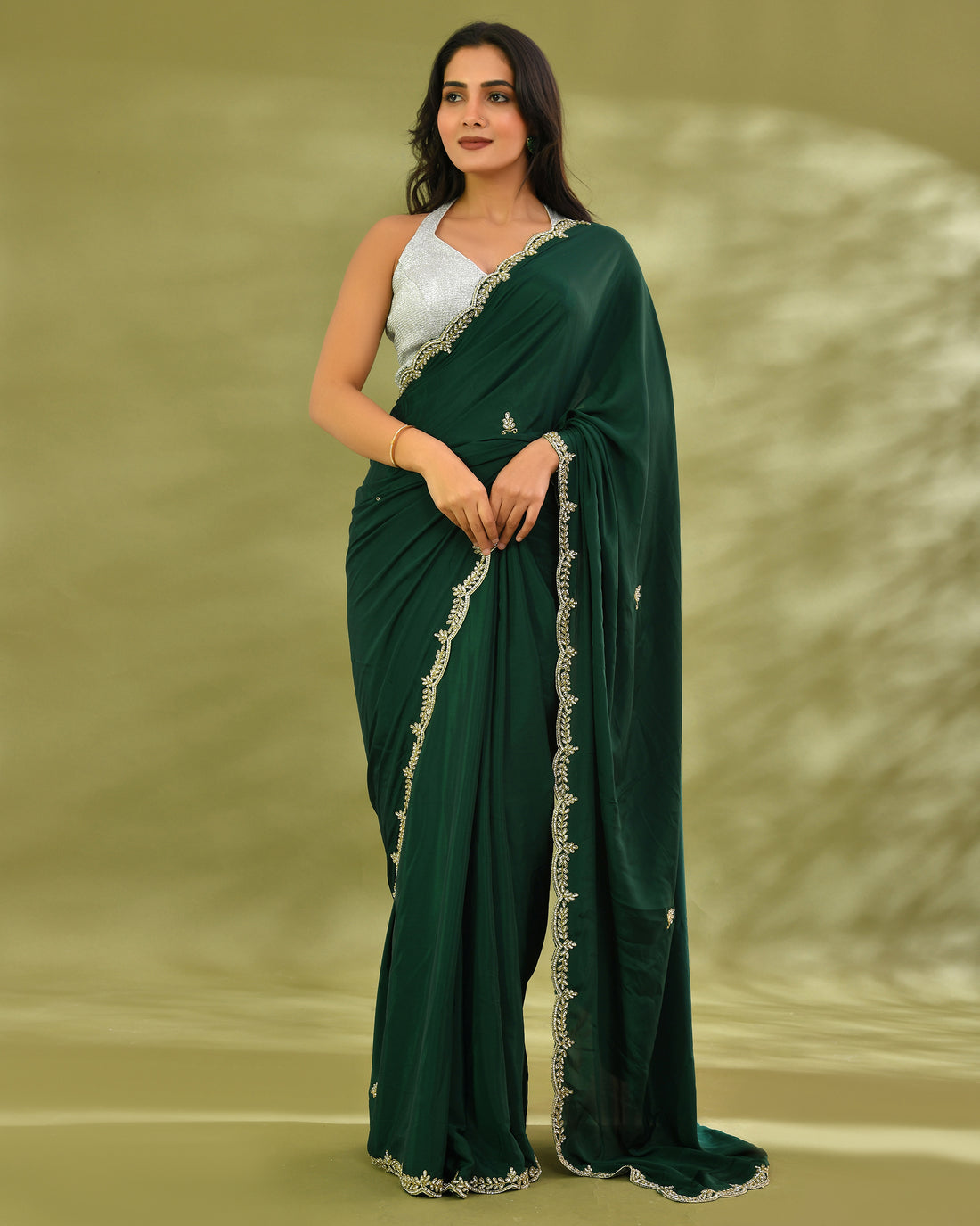 Moss green satin saree