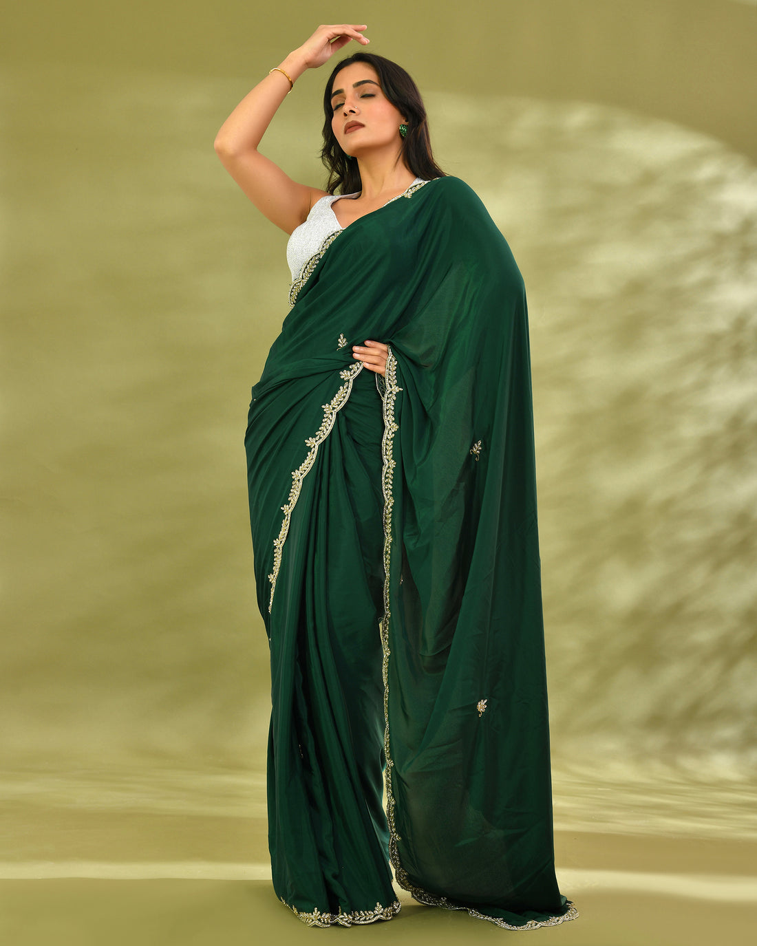Moss green satin saree