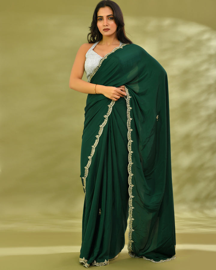Moss green satin saree