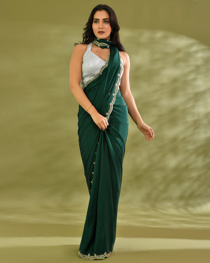 Moss green satin saree