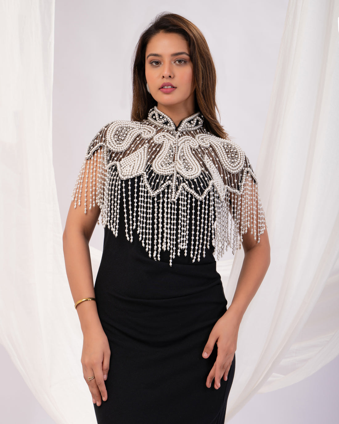 Black embroidery pearl cape