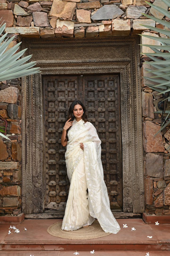 Ivory Whisper Hand-Embroidered Saree