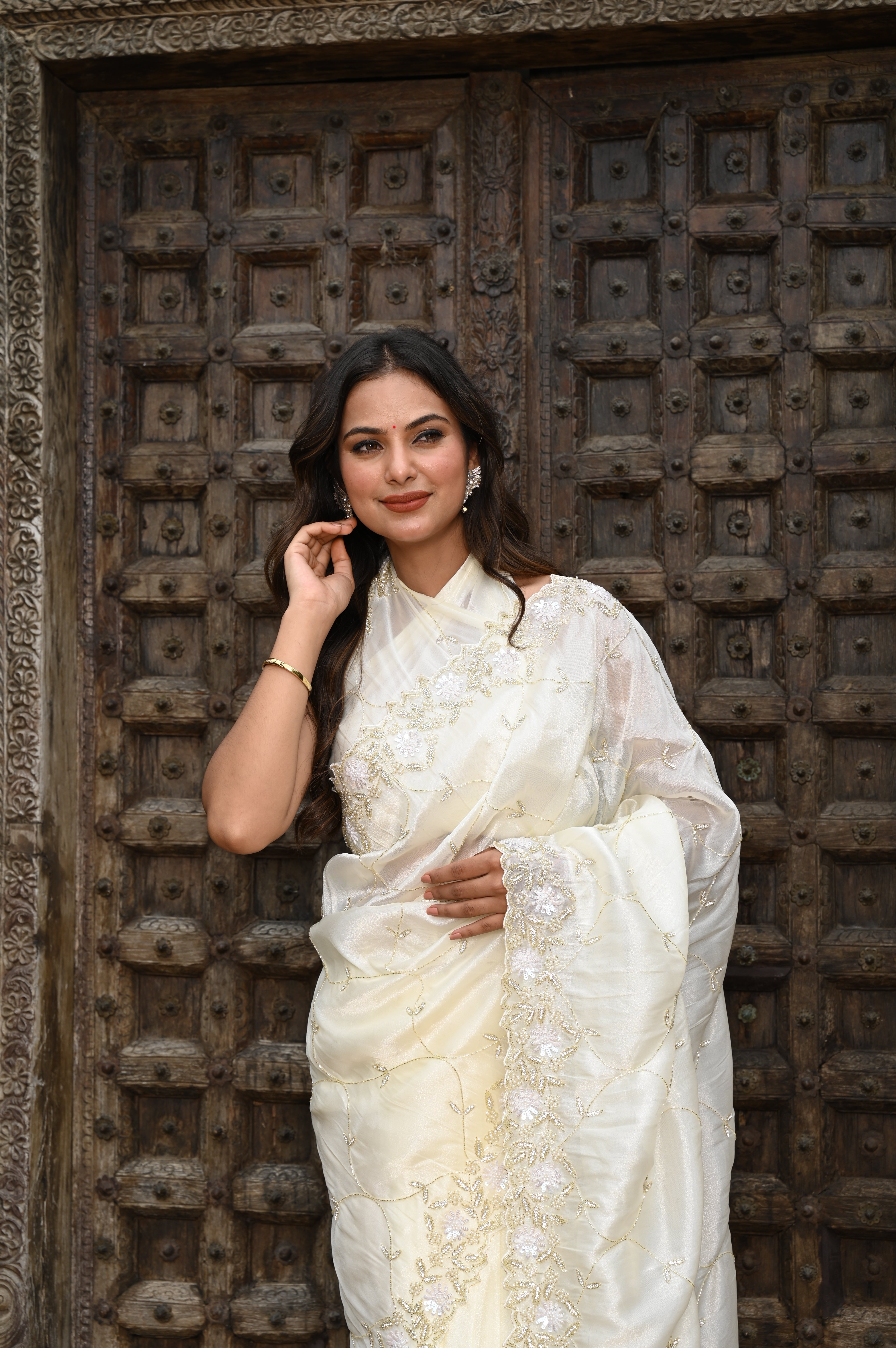 Ivory Whisper Hand-Embroidered Saree