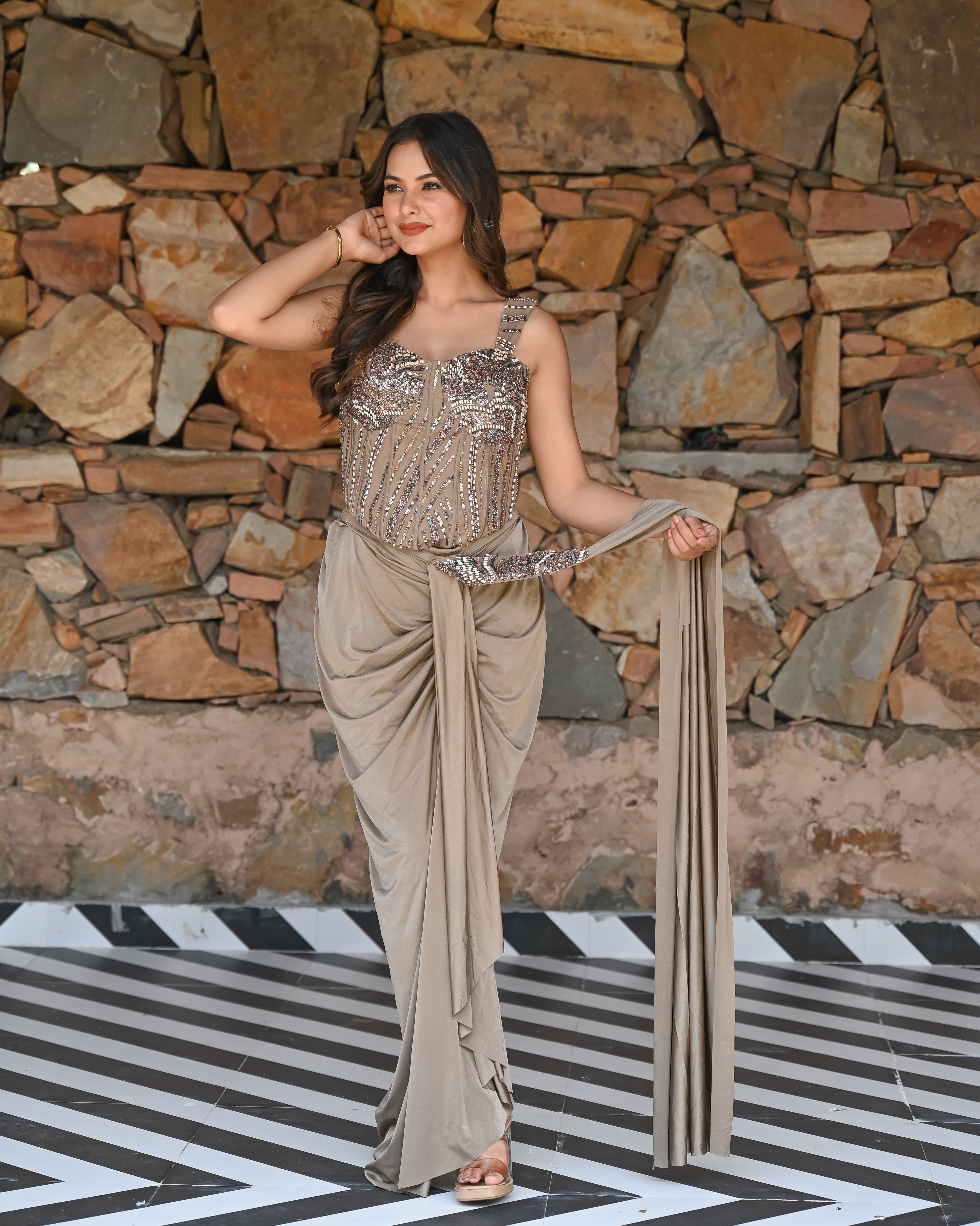 Champagne Corset Drape Saree
