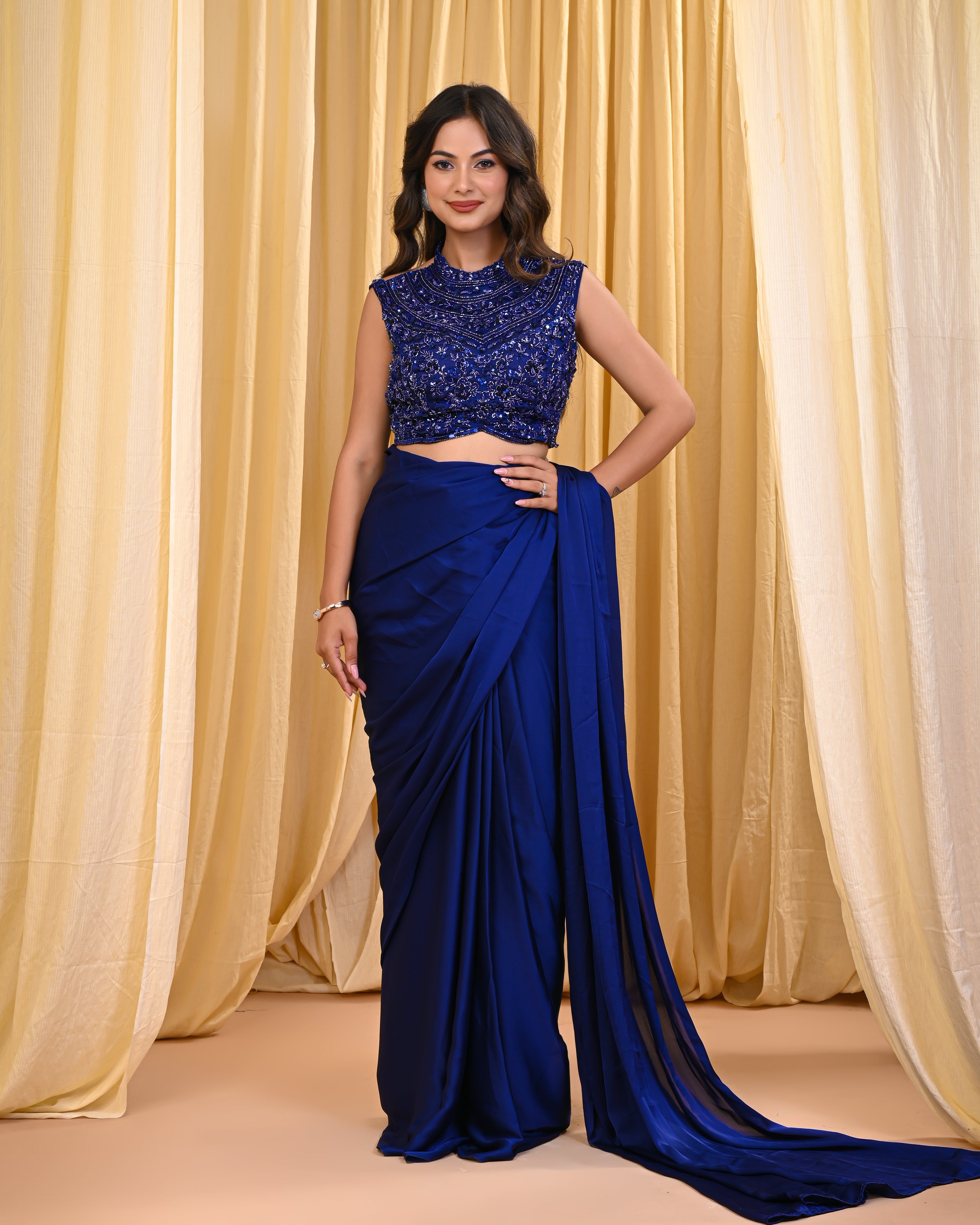 Electric blue satin pre draped saree